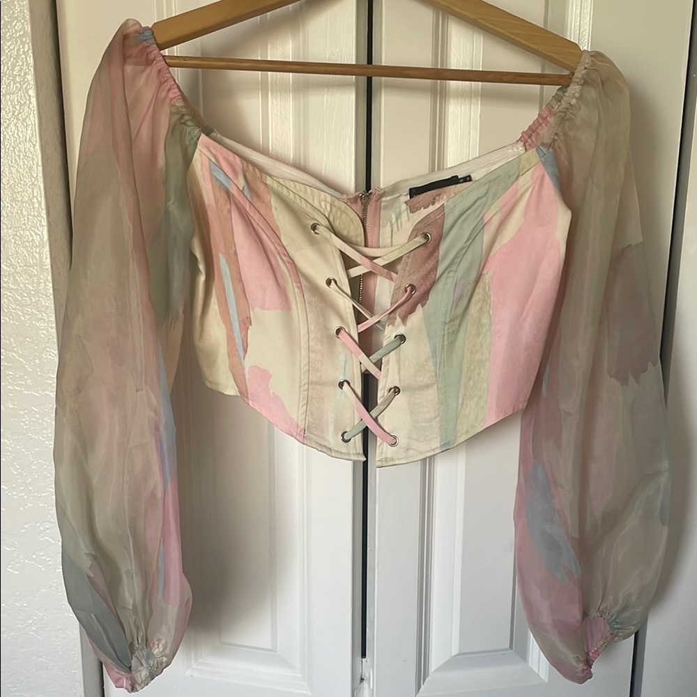 Pale Pink Printed Organza Sleeve Lace Up Crop Top